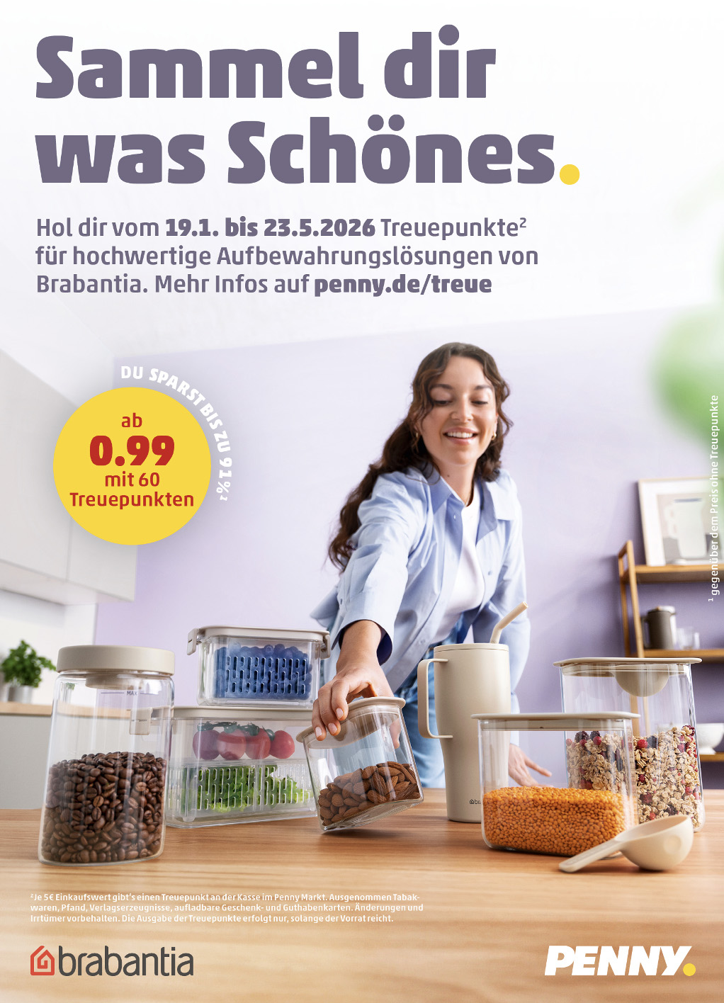 Advertisement for storage containers showing a woman putting away pantry jars in a kitchen